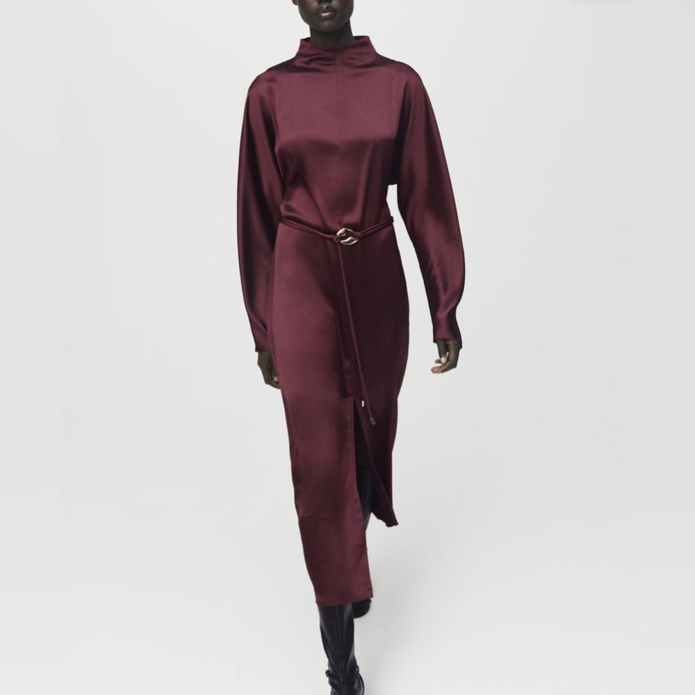Mango Burgundy Long-Sleeve Satin Midi Dress